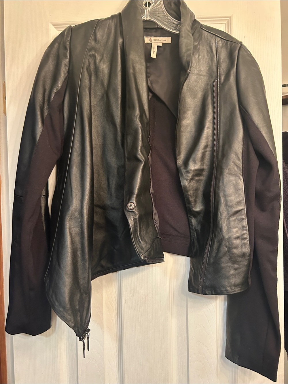 BCBGMaxAzria Black Leather Jacket with Knit Sleeves